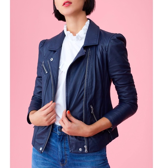 Rebecca Taylor Navy Blue Leather Moto Jacket - Picture 11 of 11